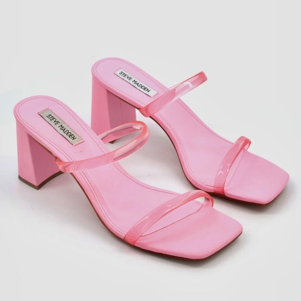 Steve Madden Lilah Pink Block Heel Sandals Square Toe Clear Straps Womens 9.5M